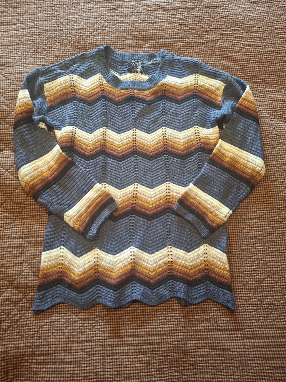 Vintage-Style Chevron Knit Sweater - Blue, Cream & Brown